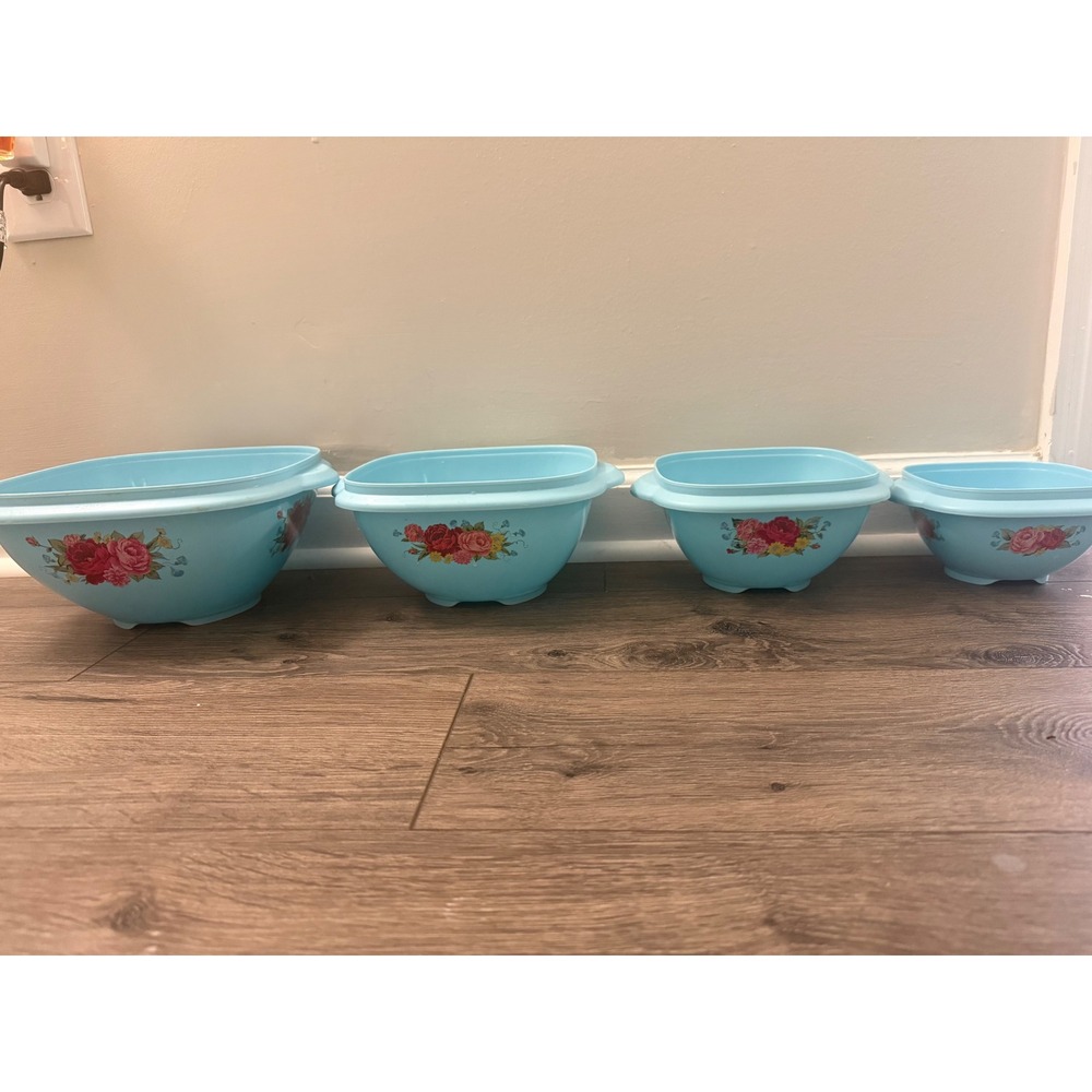 The Pioneer Woman Nesting Mixing Bowls 4pc‎ Set Blue Floral Rose Good no lid
